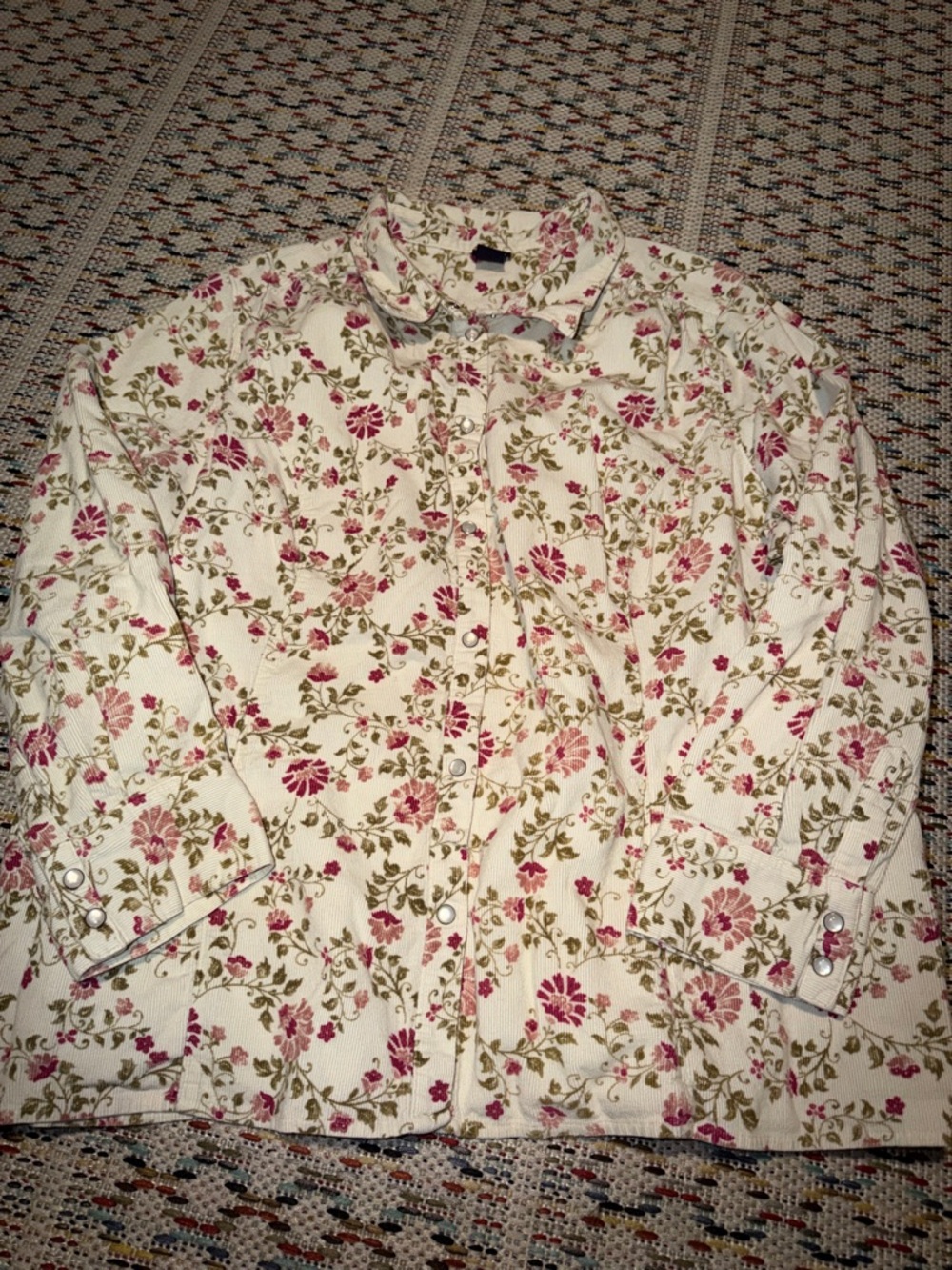vintage corduroy Basic Editions‎ Floral Button-Up Top in Cream, Pink and Olive